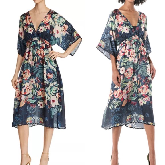 Johnny Was Annia Printed Silk V-Neck Kimono Sleeve Midi Dress Sz XL - Picture 2 of 16